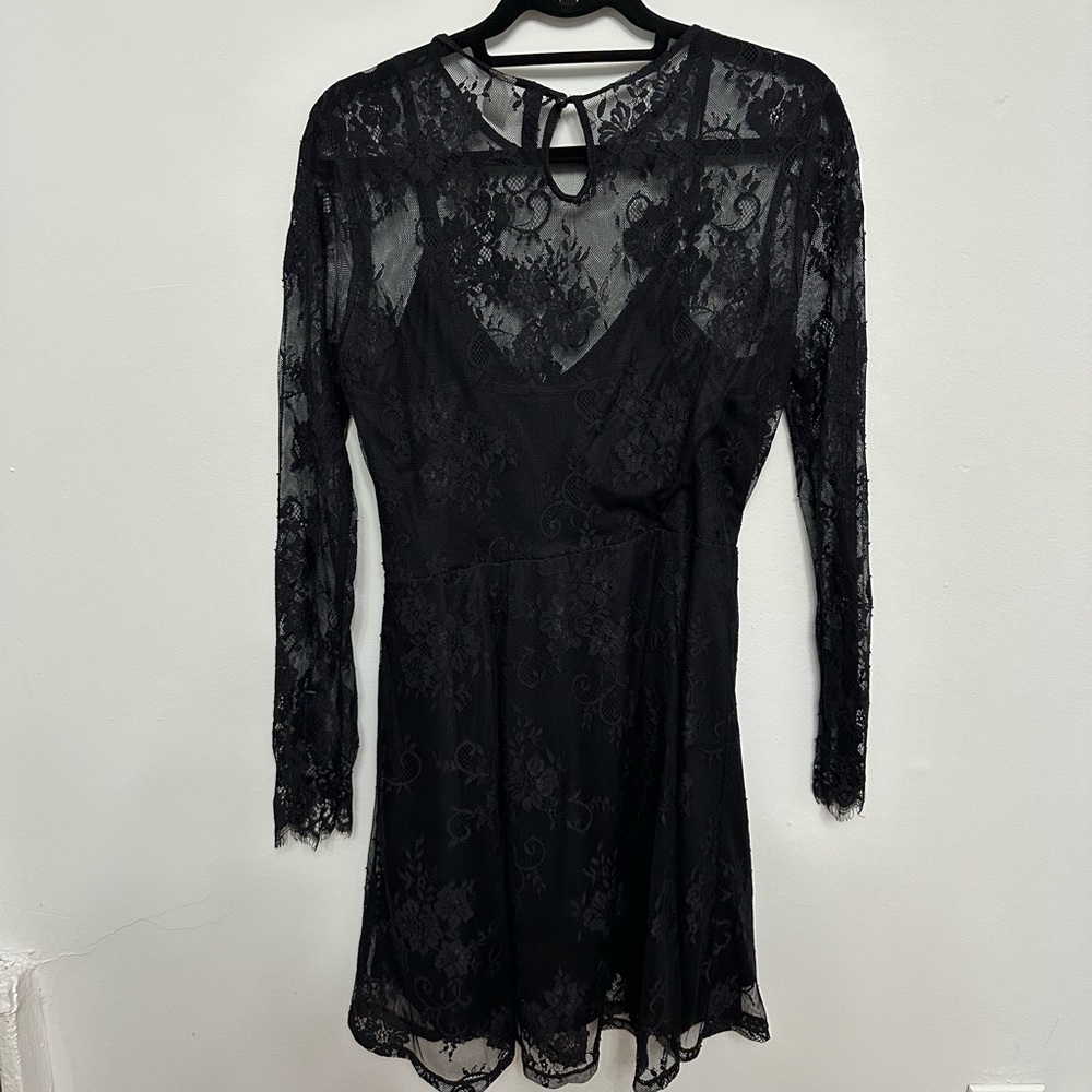 Black Lace A-Line Dress with Long Sleeves